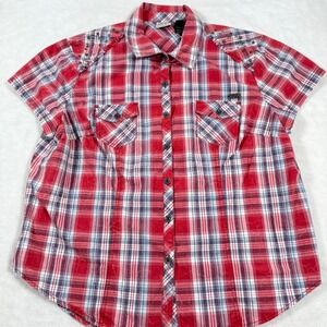 Harley Davidson Red Plaid Studded Shirt Women's 2XL Short Sleeve Button Up
